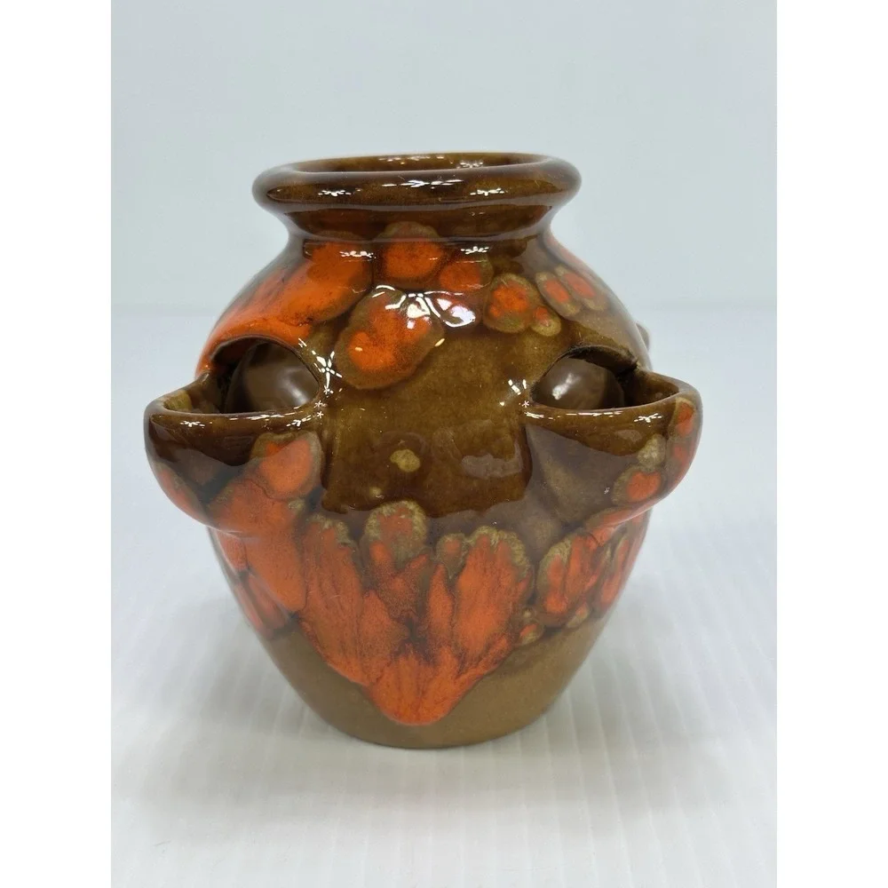 VTG Bar Harbor Maine Drip‎ Glazed Pottery Orange Brown Strawberry Planter Vase